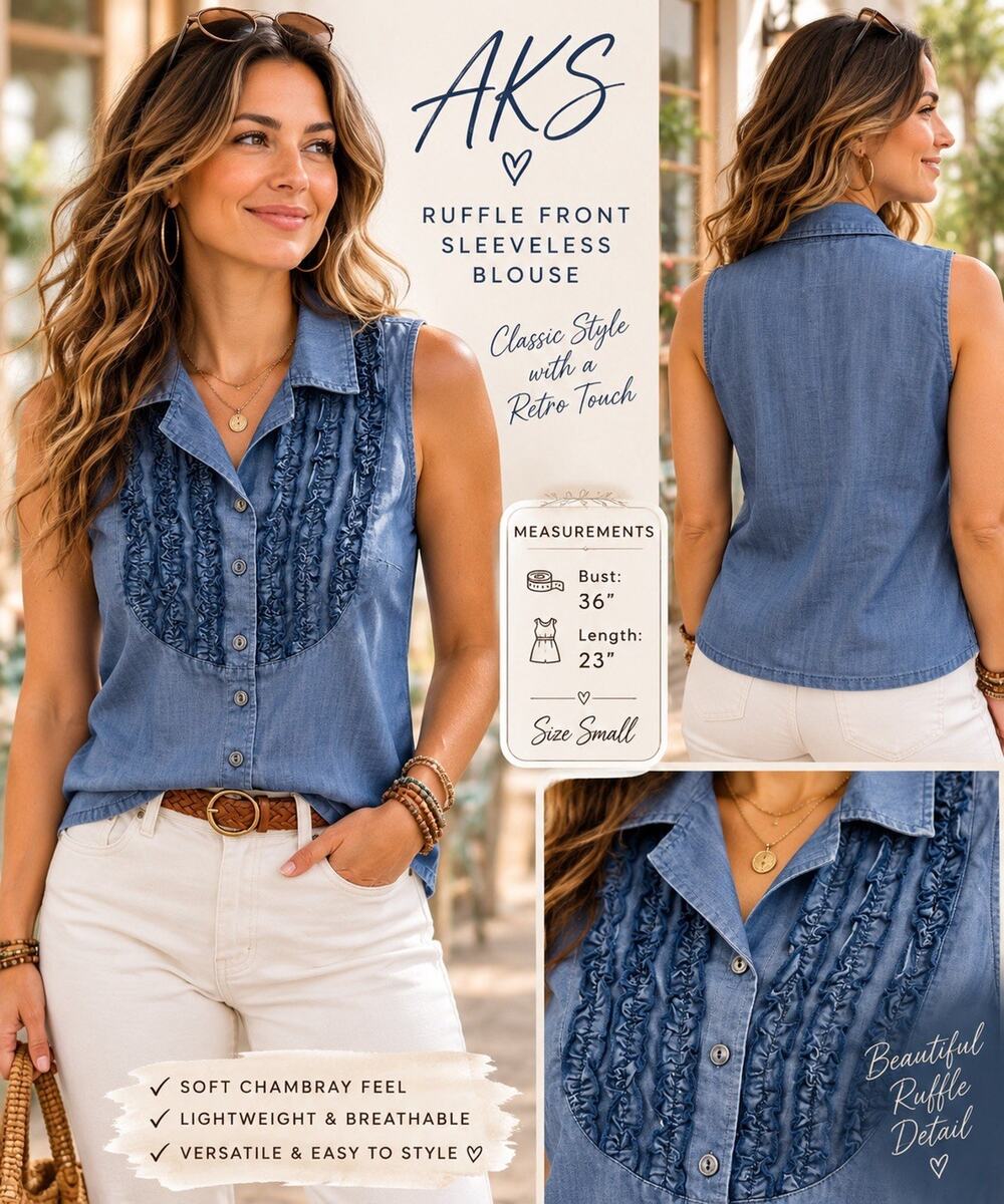 AKS Ruffle Front Chambray Sleeveless Blouse Size Small Blue Tencel Look Retro